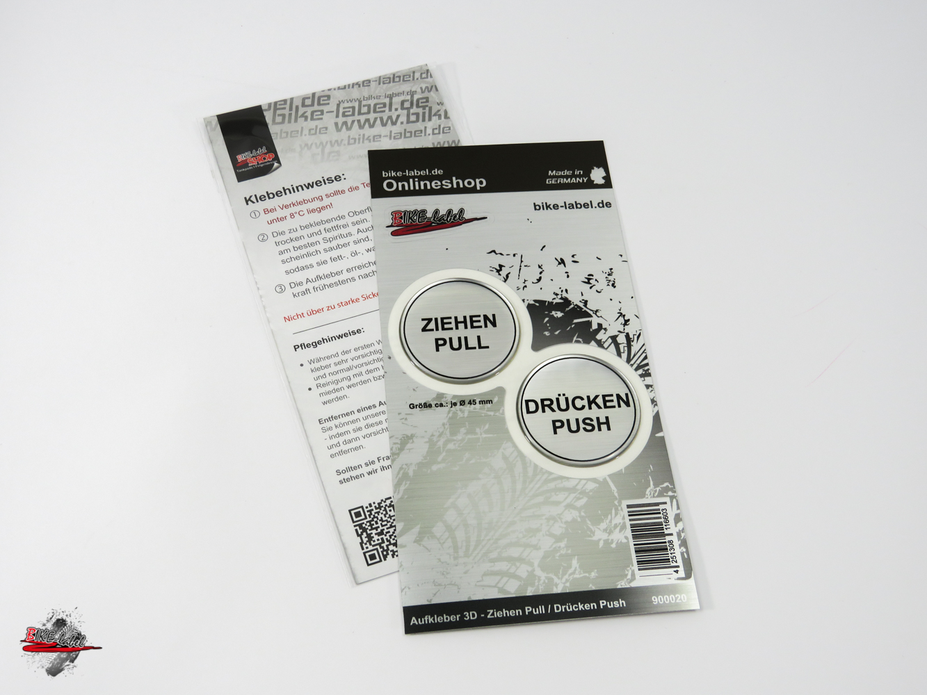 BIKE-label 3D Türschild 'Ziehen / Drücken', 63x53 Mm, Alu-Optik – Kratzfest & Witterungsbeständig