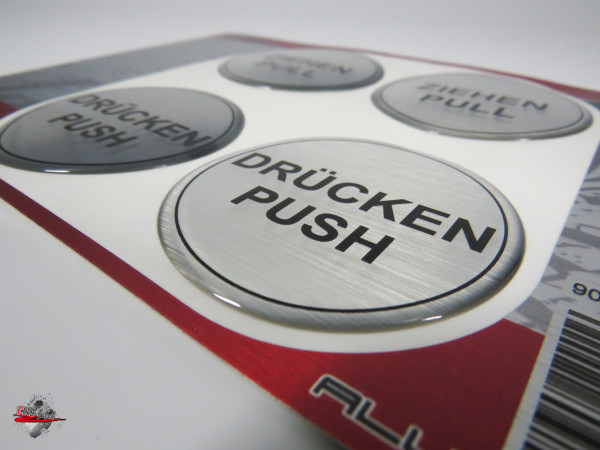 BIKE-label 3D Aufkleber Set - 4x Türschilder Ziehen/Drücken In Alu-Optik