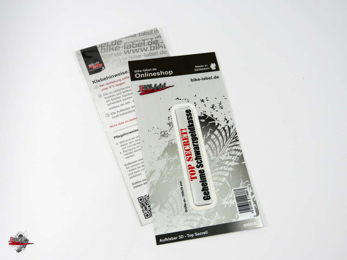 BIKE-label 3D Aufkleber „Top Secret“ / „Geheime Schwarzgeldkasse“, 105x18 Mm – Alu-Optik, Kratzfest, UV-beständig