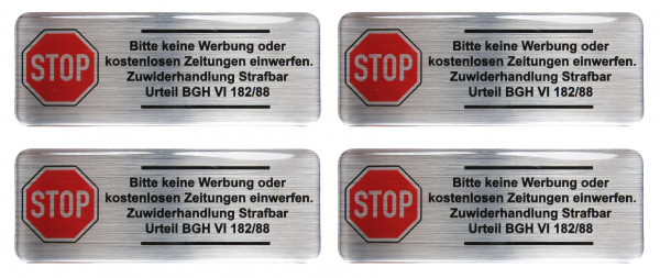 Briefkasten Aufkleber 3D Alu Optik 4x Bitte keine Werbung BGH 80 x 30 mm