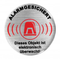 Warnschild 3D Aufkleber Ø 50 mm in Alu-Optik Alarmgesichert Warnschild 3D Aufkleber Ø 50 mm in Alu-Optik Alarmgesichert