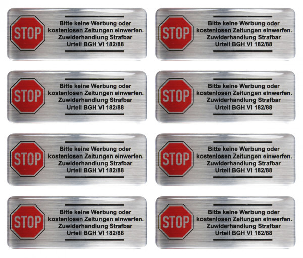 Briefkasten Aufkleber 3D Alu Optik 8x Bitte keine Werbung BGH 80 x 30 mm